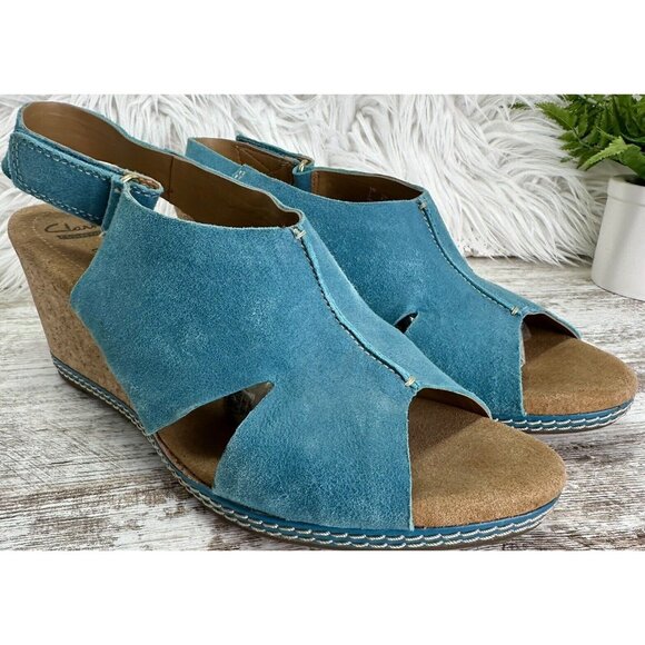 Clarks Shoes - CLARKS Collection Helio Float Cork Wedge Sandal Size 9.5M Blue Suede #16724